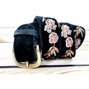 Boutique Accessories - Black velvet with pink floral embroidery belt Boutique Accessories - Black velvet with pink floral embroidery belt